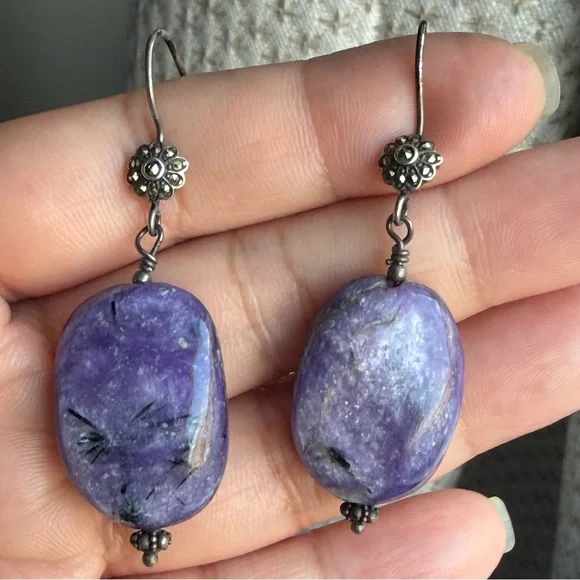 Handmade Chariote Purple Gemstone Sterling Silver Boho Dangle Earrings - Picture 11 of 17